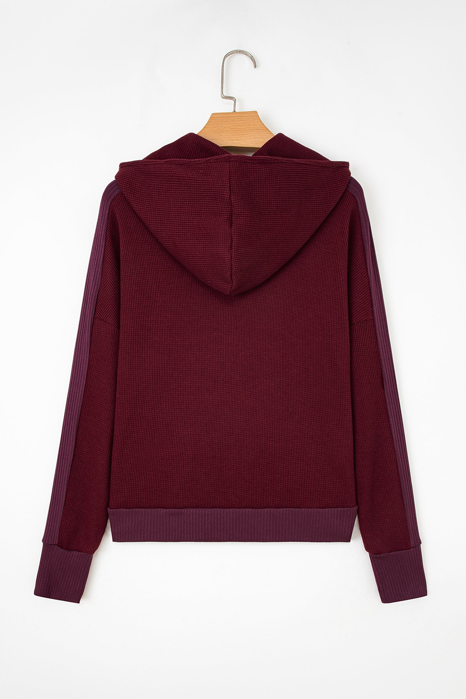 Burgundy Waffle Splicing Zip Up Front Button Hooded Jacket