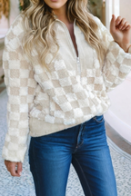 LDC Checkered Sherpa Corduroy Patchwork Collared Sweatshirt