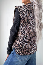 Brown Leopard Quilted Full Zipper Casual Puff Vest