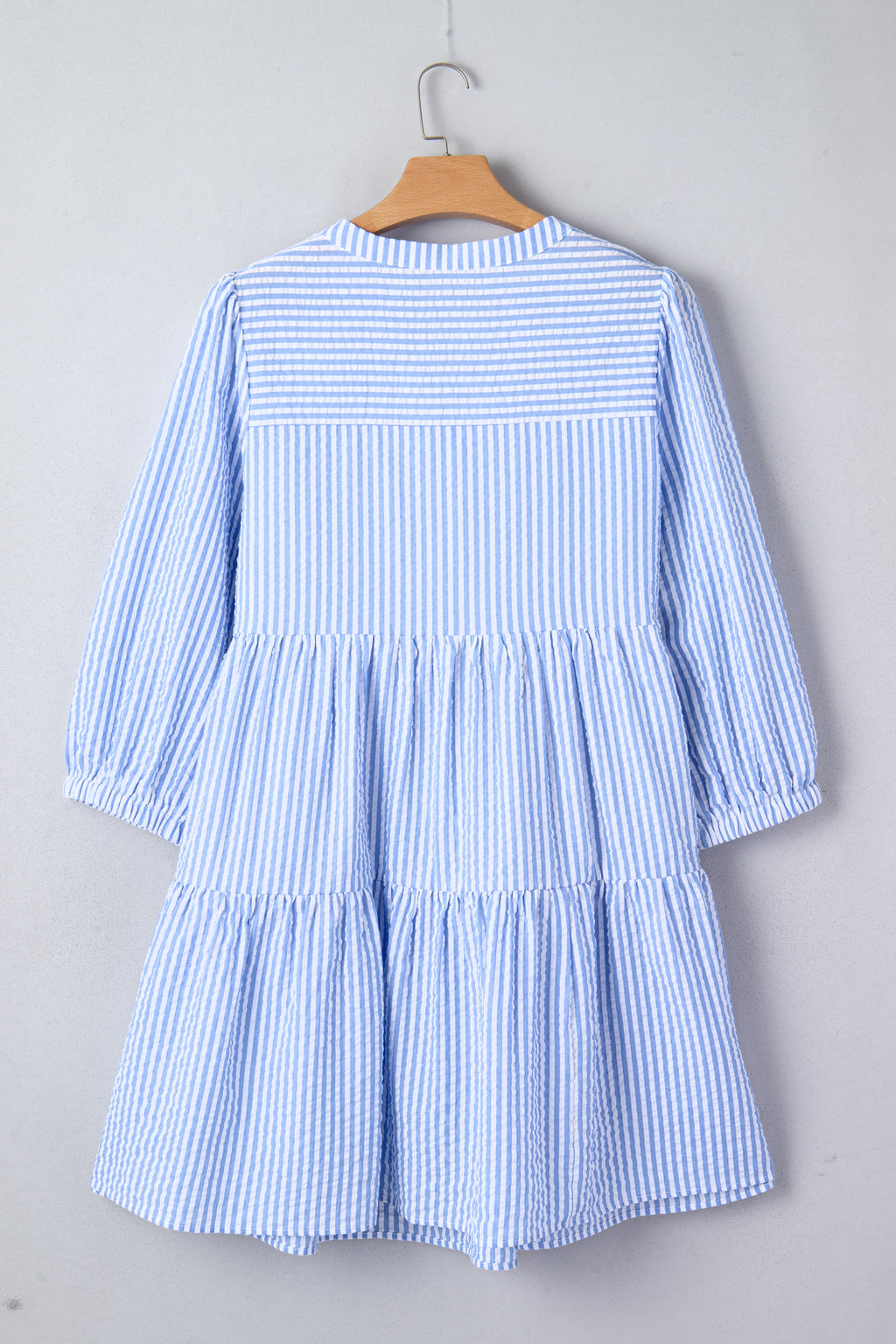 Sky Blue Stripe Seersucker Textured Notched Neck Long Puff Sleeve Tiered Curvy Dress