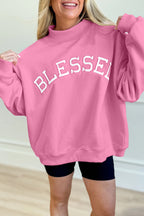 Bright Pink Oversize Blessed Embroidered Mock Neck Sweatshirt