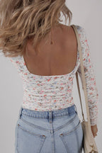 LDC Floral Print Textured Square Neck Long Sleeve Top