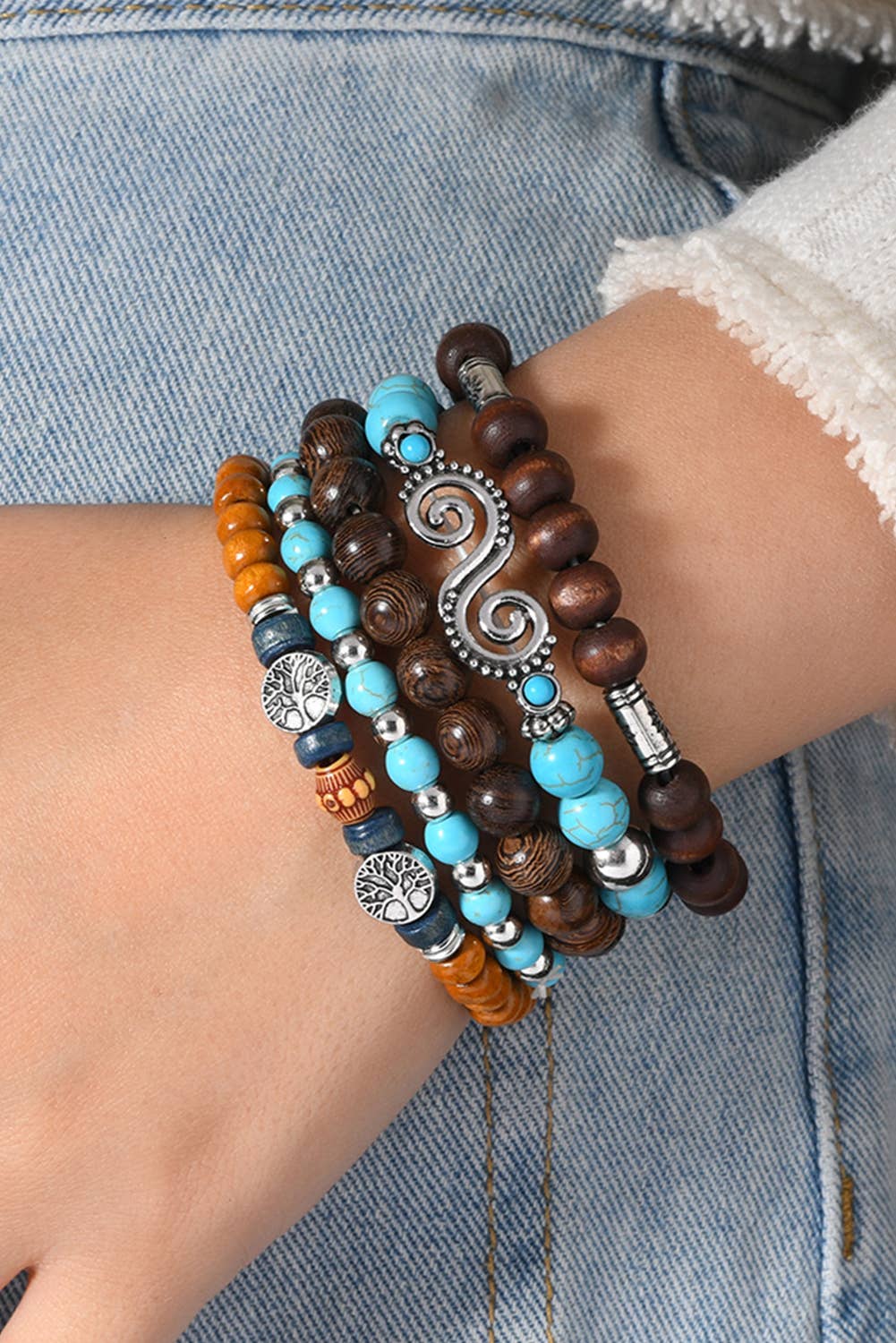 LDC Boho 5pcs Turquoise Wood Beaded Elastic Bracelet Set