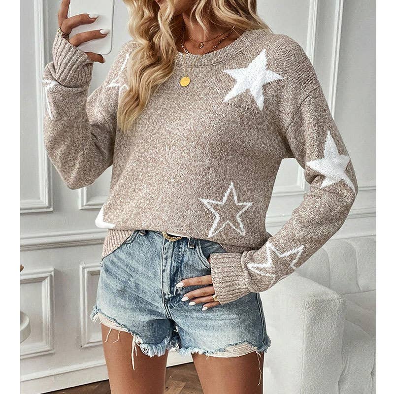 FIVE-POINTED STAR LONG-SLEEVED PULLOVER SWEATER