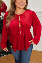 Red Clay Plus Size Tie Front Velvet Peplum Blouse