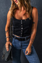 Black Acid Wash Buttoned Cropped Slim Denim Tank Top