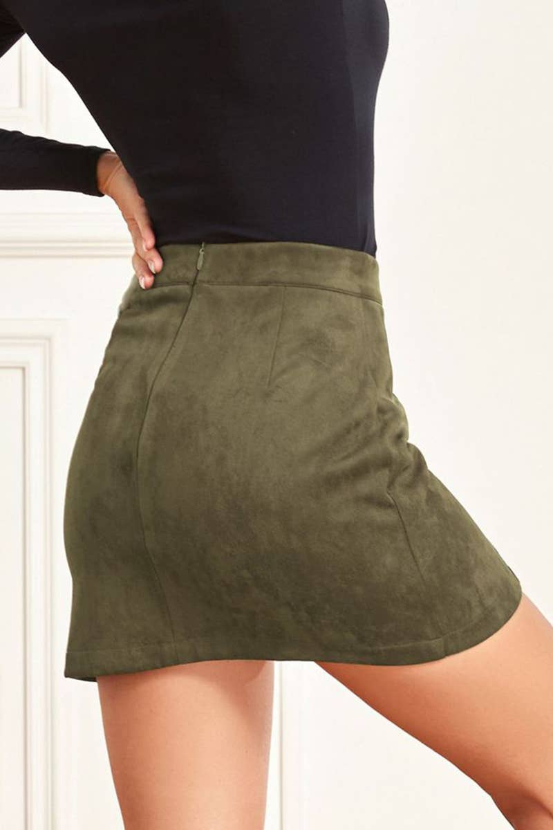 Suede wrap hip high waist zipper A-line solid color skirt