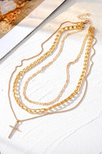 Plated Cross Pendant Multi Layer Stacked Chains Necklace