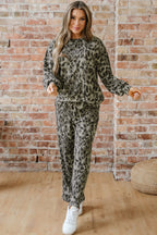 Gray Leopard Print Raw Seam Patchwork Pullover Drawstring Loose Pant Set