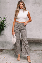 Brown Leopard Frayed Edge Wide Leg High Waist Jeans