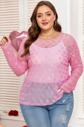 Pink Plus Size Bow Embroidered Mesh Long Sleeve Top