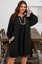 Black Plus Size Notched Neck Leopard Trim Flounce Long Sleeve Shift Dress