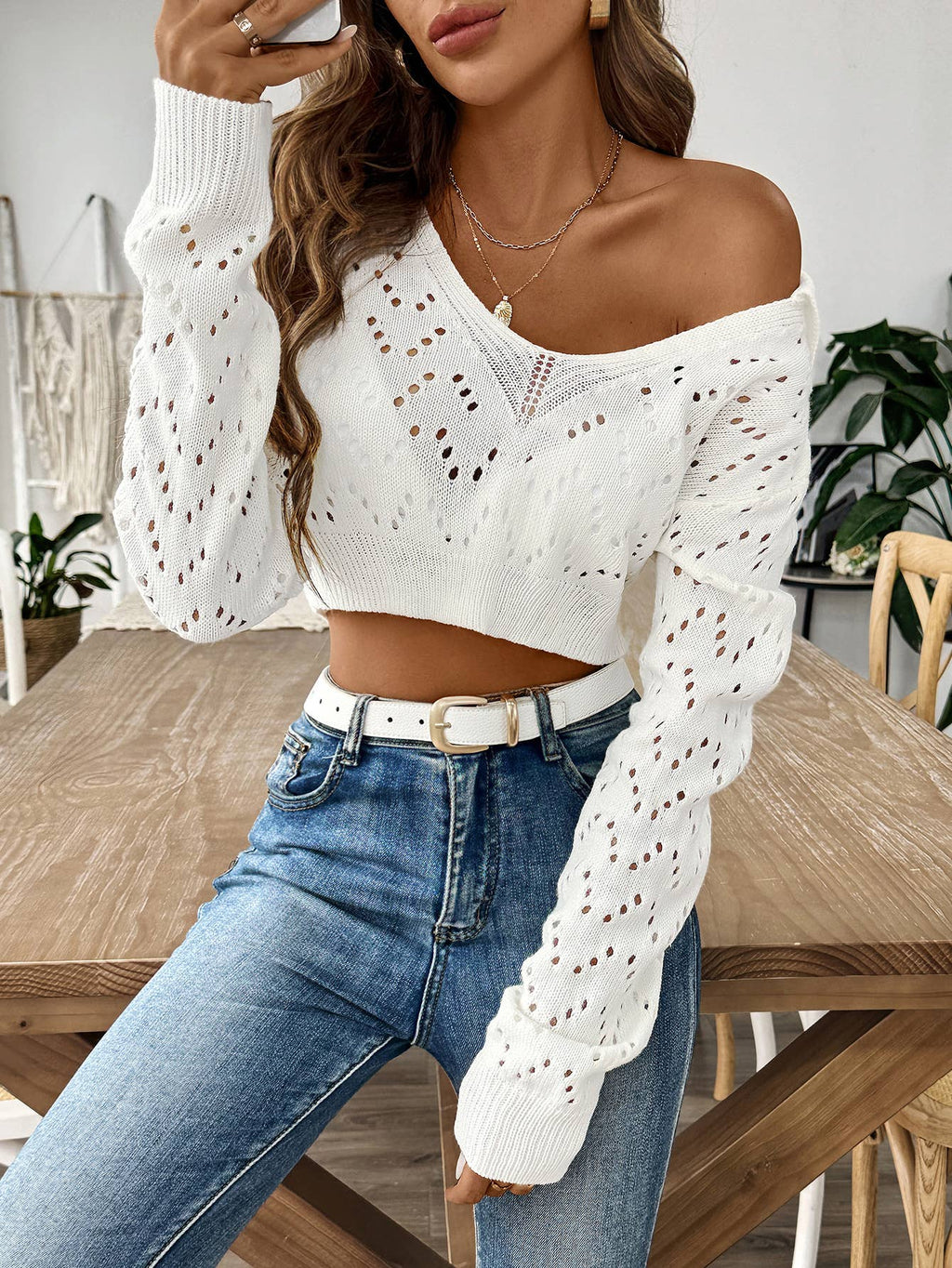 LAPEL POLO NECK CUTOUT CROP PULLOVER SWEATER