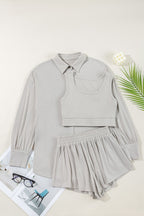 Gray 3 Pcs Crop Tank Top Shorts with Cardigan Lounge Set