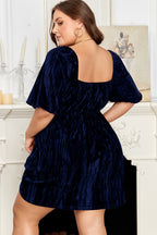 Navy Blue Velvet Ruched Bust Square Neck Short Puff Sleeve Plus Dress