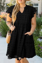 Black Dotty Textured Notched Neck Plus Ruffled Dress