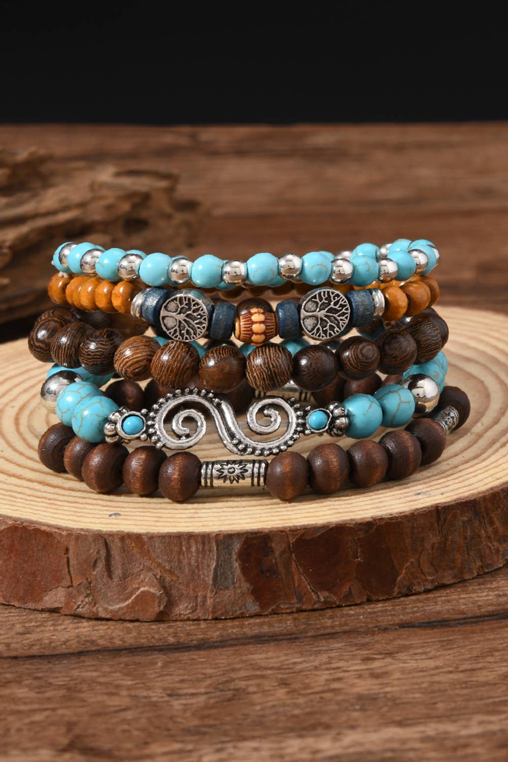 LDC Boho 5pcs Turquoise Wood Beaded Elastic Bracelet Set