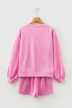 Sachet Pink Girly Bow Embroidered Detail Puff Sleeve Pullover 2pcs Short Set