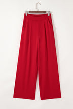 Fiery Red Pleated Detail Pull On High Elastic Waist Loose Straight Pants