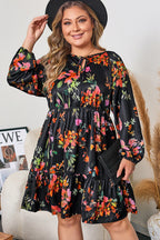 Black Plus Size Floral Print Tie Neck Cinched Waist Long Sleeve Mini Dress