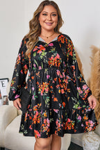 Black Plus Size Floral Print Tie Neck Cinched Waist Long Sleeve Mini Dress