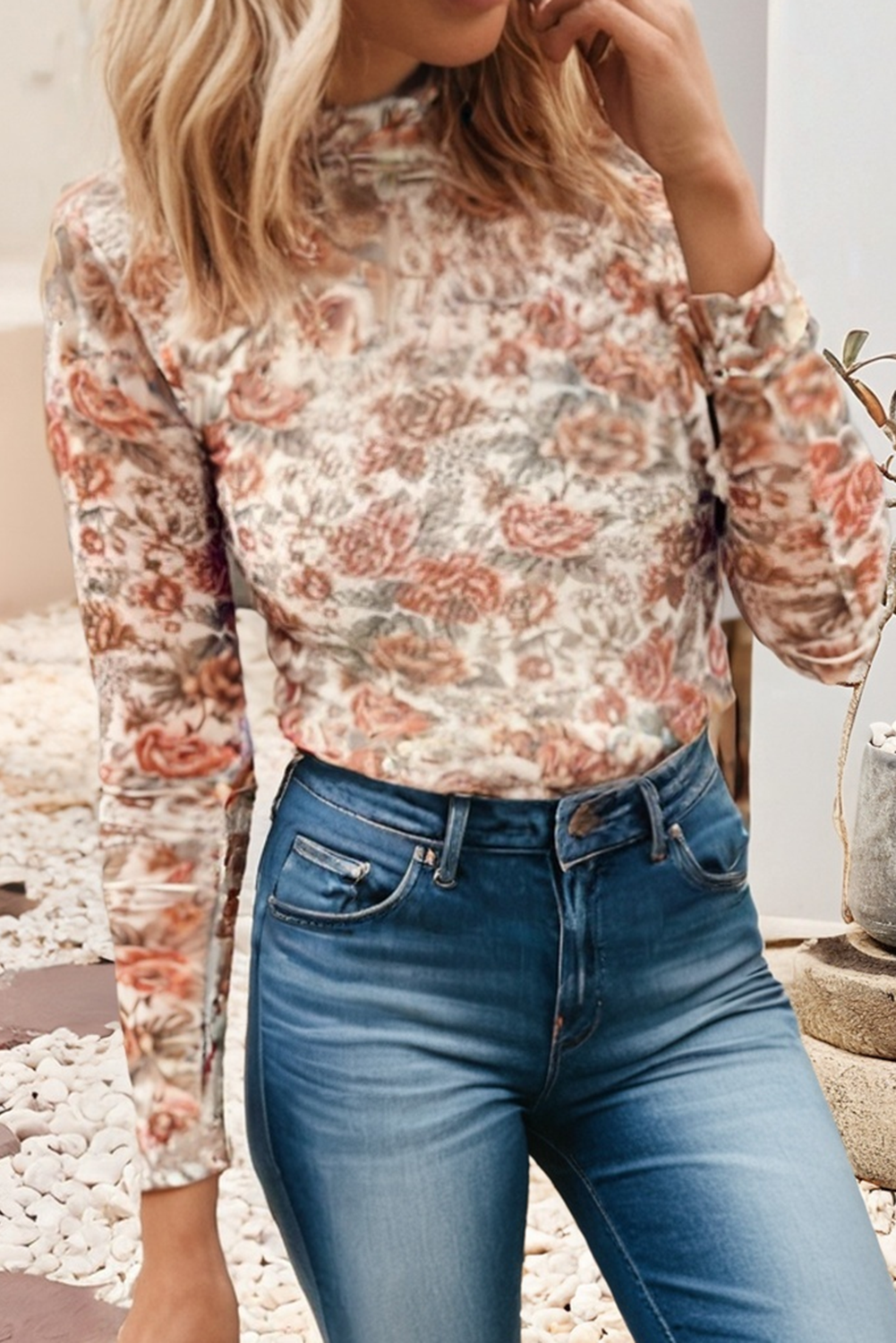LDC Retro Floral Print Mesh Long Sleeve Top