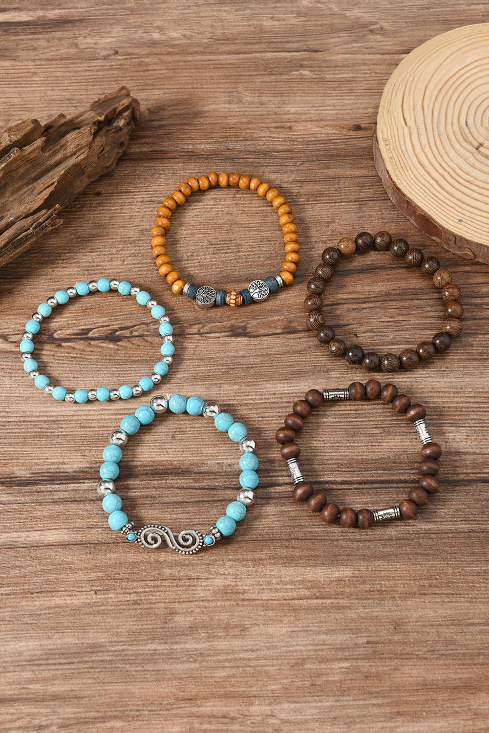 LDC Boho 5pcs Turquoise Wood Beaded Elastic Bracelet Set
