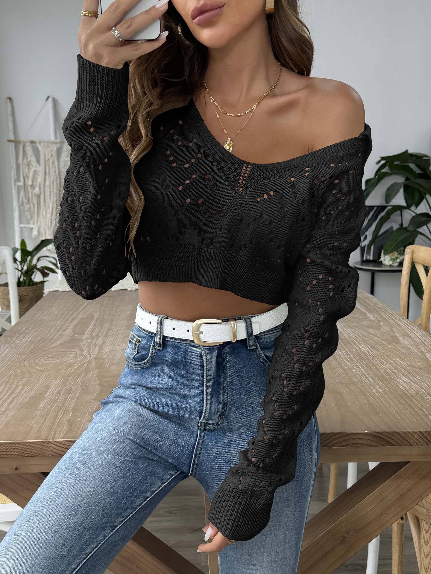 LAPEL POLO NECK CUTOUT CROP PULLOVER SWEATER