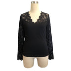 V-neck lace long-sleeved solid color slim T-shirt