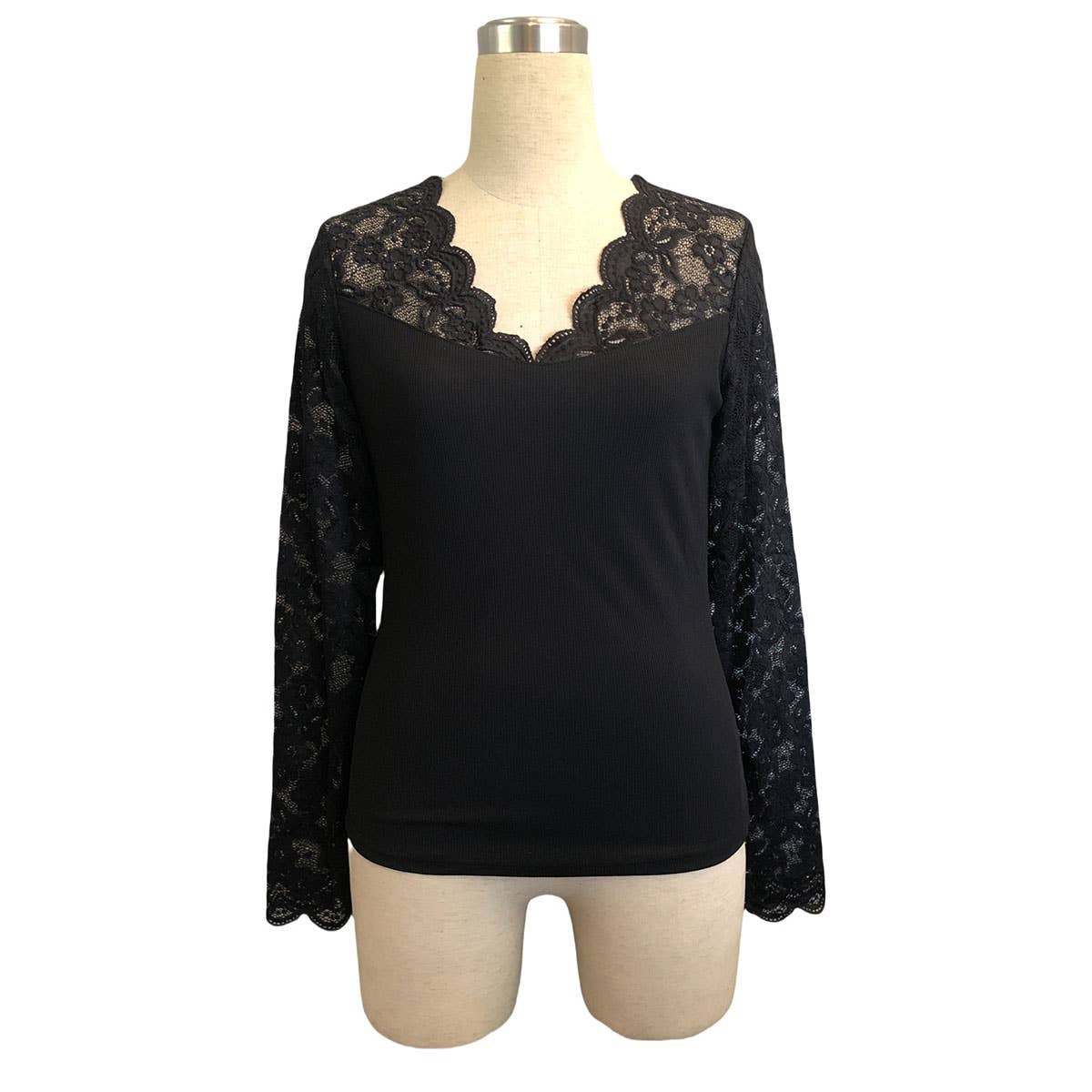 V-neck lace long-sleeved solid color slim T-shirt