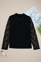 Black Plus Size Lace Patchwork Asymmetric Cutout Sheer Long Sleeve Top