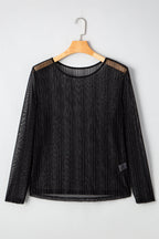 Black Plus Size Shimmer Textured Mesh Fitted Long Sleeve Top