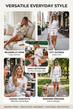 Beige Maple Camo Print Pullover Top and Elastic Waist Casual Short Set