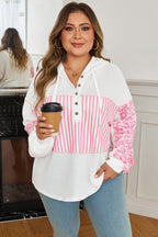 Pink Stripe Leopard Patchwork Waffle Knit Buttoned Plus Size Hoodie
