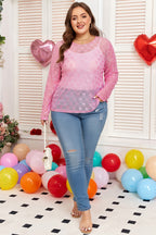 Pink Plus Size Bow Embroidered Mesh Long Sleeve Top