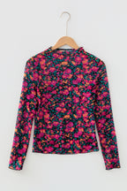 Rose Slim Fit Floral Mesh Long Sleeve Mock Neck Top