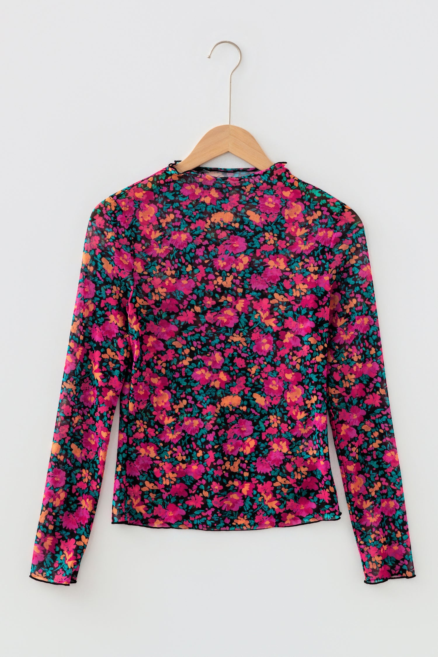 Rose Slim Fit Floral Mesh Long Sleeve Mock Neck Top