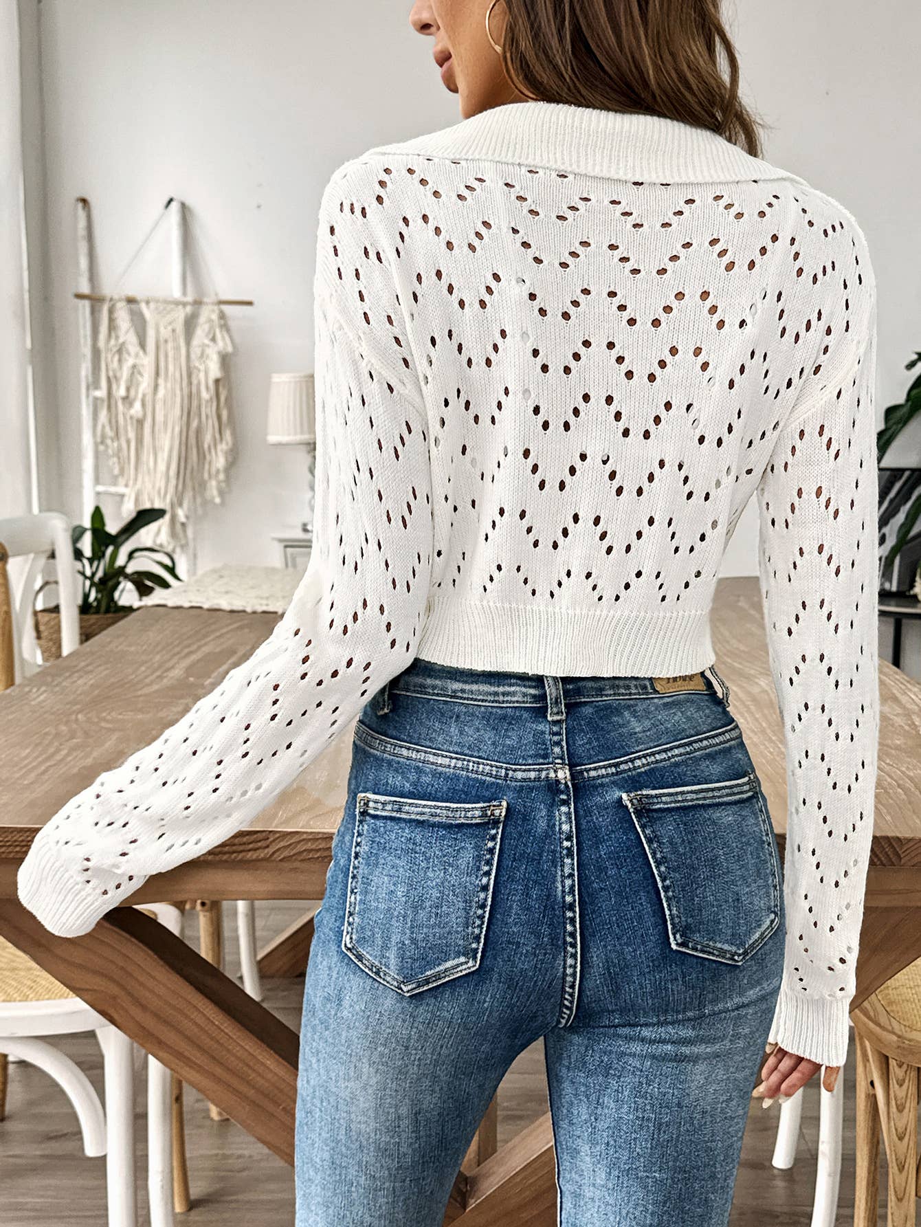 LAPEL POLO NECK CUTOUT CROP PULLOVER SWEATER