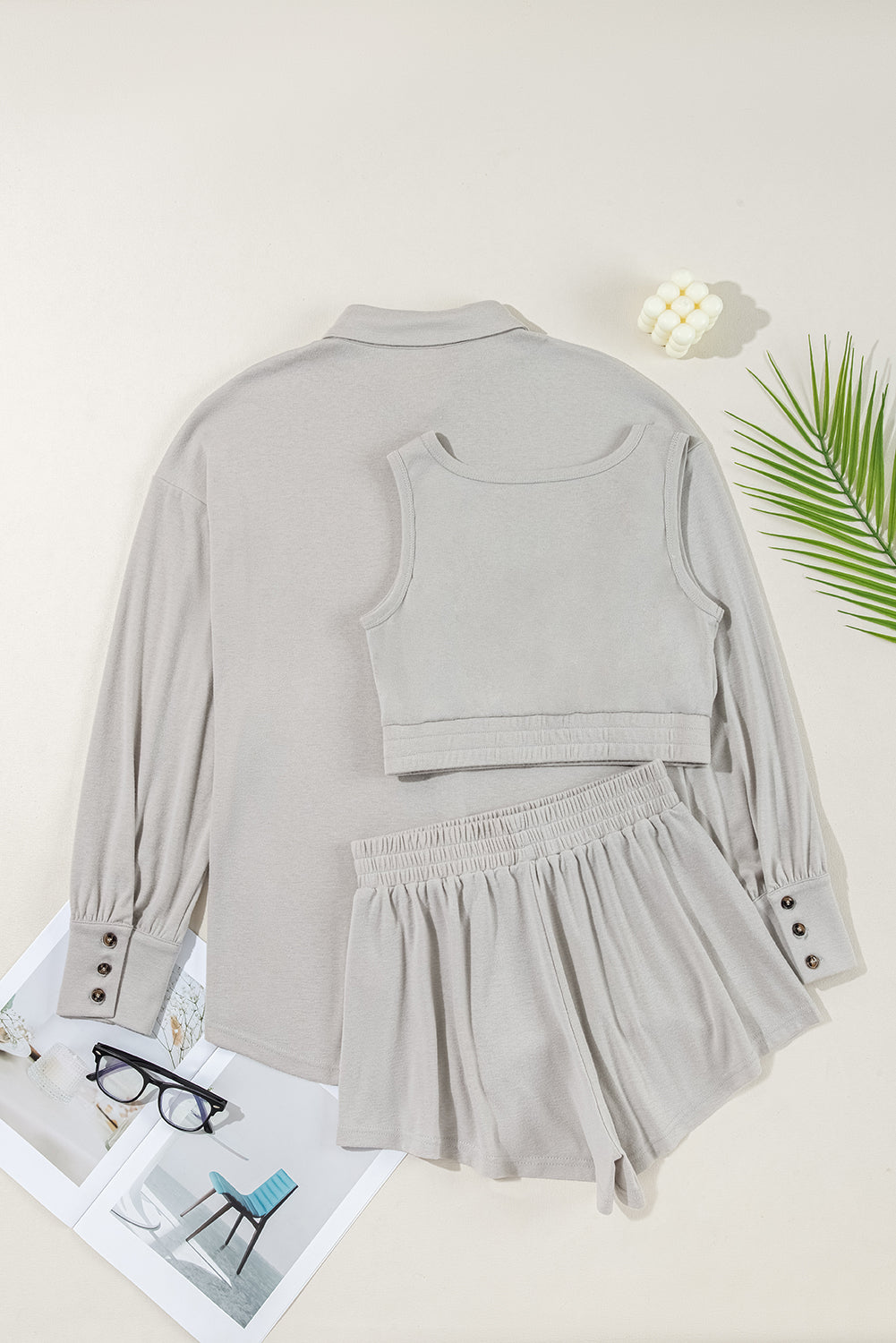 Gray 3 Pcs Crop Tank Top Shorts with Cardigan Lounge Set