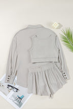 Gray 3 Pcs Crop Tank Top Shorts with Cardigan Lounge Set