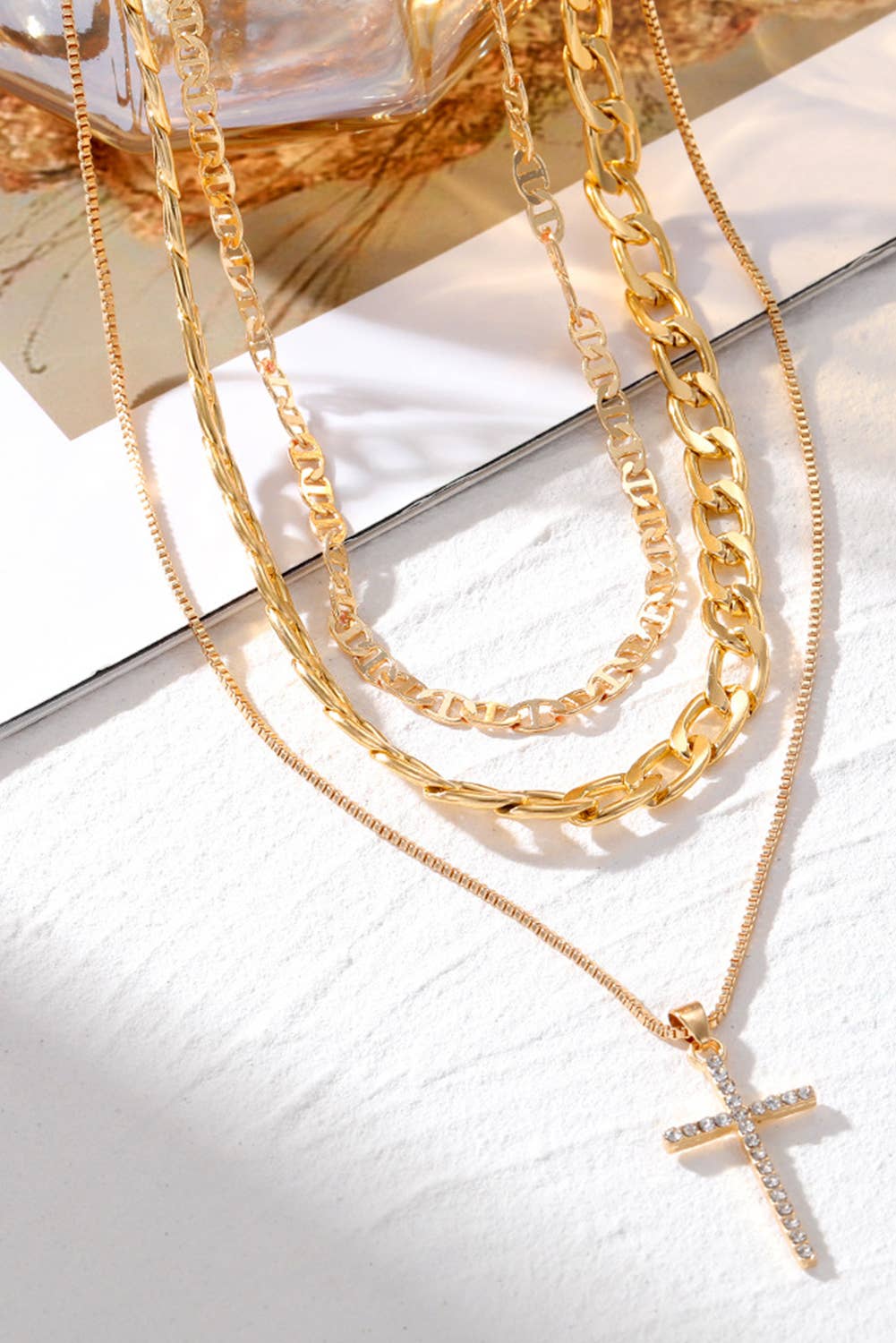 Plated Cross Pendant Multi Layer Stacked Chains Necklace