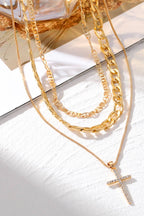 Plated Cross Pendant Multi Layer Stacked Chains Necklace