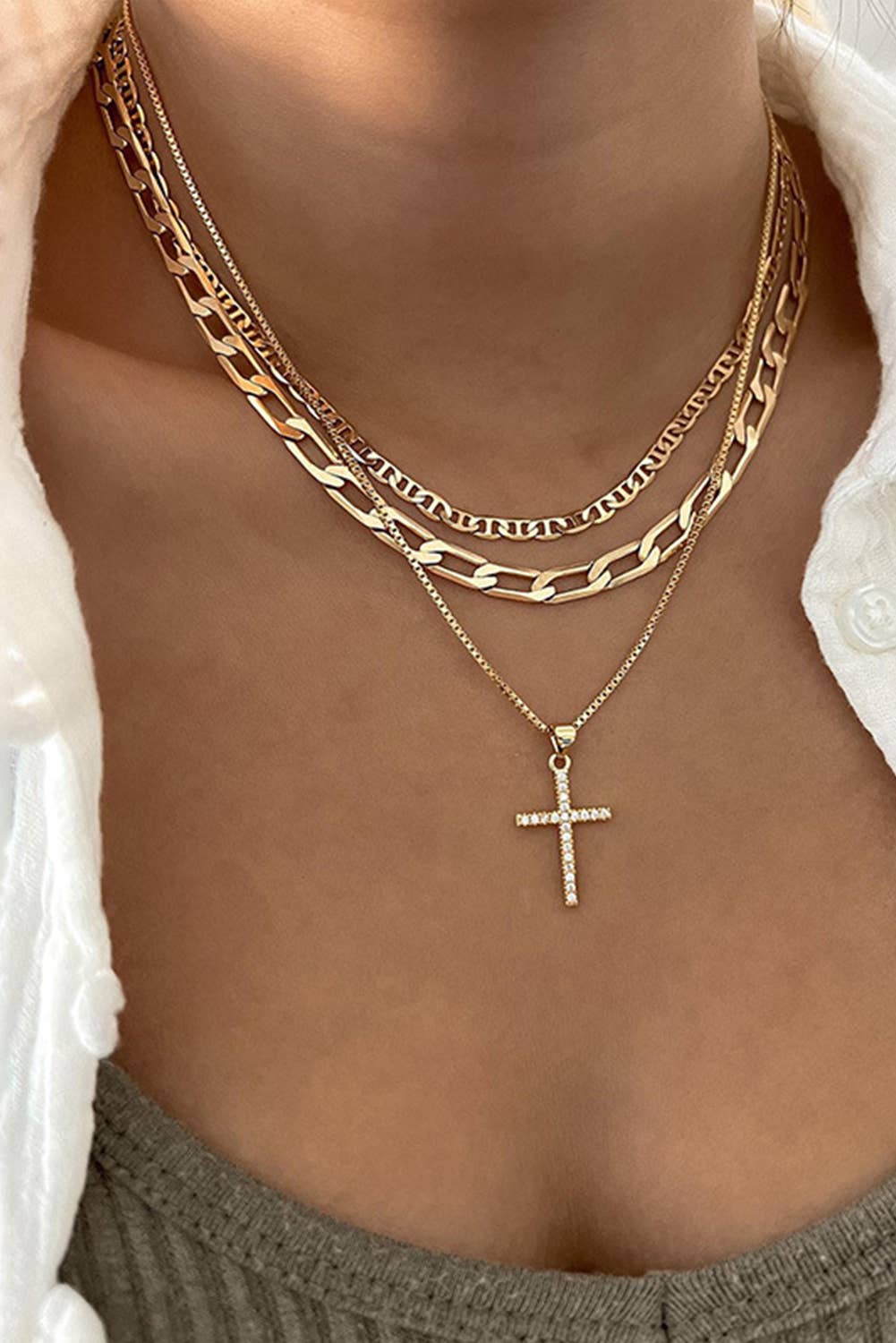 Plated Cross Pendant Multi Layer Stacked Chains Necklace