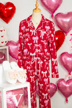 Red Sweet Bow Print Shirt Style Top Long 2pcs Pajama Set