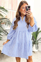 Sky Blue Stripe Seersucker Textured Notched Neck Long Puff Sleeve Tiered Curvy Dress
