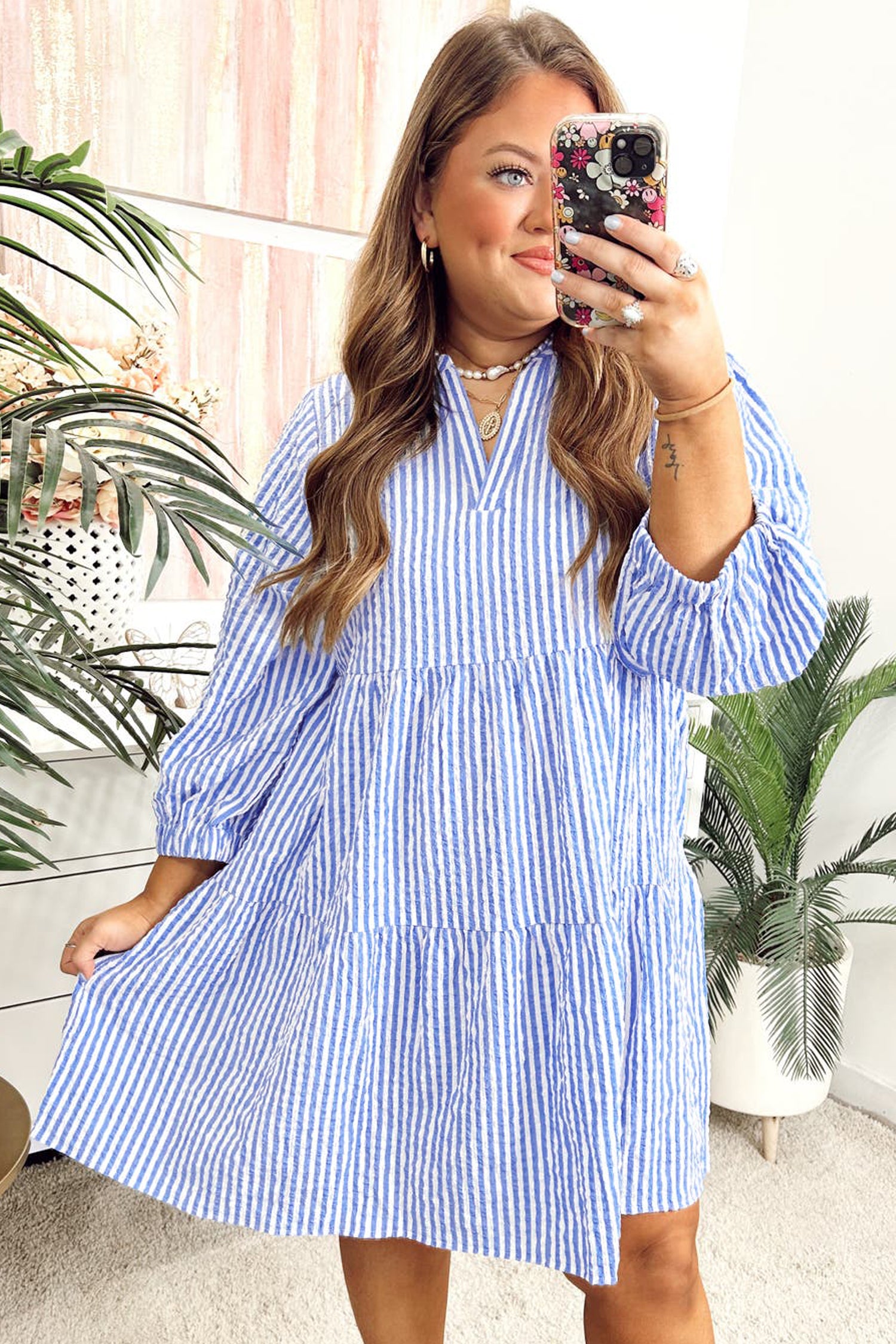 Sky Blue Stripe Seersucker Textured Notched Neck Long Puff Sleeve Tiered Curvy Dress