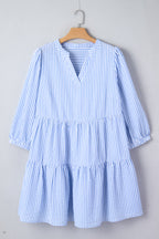 Sky Blue Stripe Seersucker Textured Notched Neck Long Puff Sleeve Tiered Curvy Dress