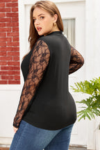 Black Plus Size Lace Patchwork Asymmetric Cutout Sheer Long Sleeve Top