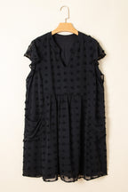 Black Dotty Textured Notched Neck Plus Ruffled Dress