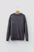 Black Mineral Wash V Neck Knit Exposed Seam Drop Shoulder Loose Sweater